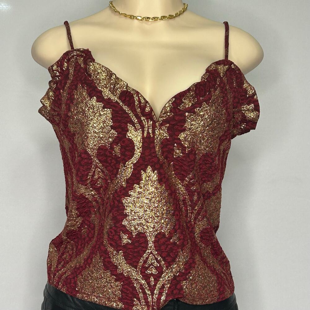 Lively Burgundy Gold Metallic Brocade holiday Sweetheart Neck Y2K Party Top L